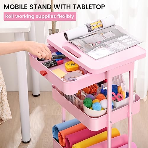 TOOLF Rolling Storage Cart with Drawer & Table Top, 3 Tier Metal Rolling Utility Cart, Rolling Cart Organizer for Teacher Craft Baby Nursery, Utility Cart for Kitchen Bathroom Bedside Office(Pink)