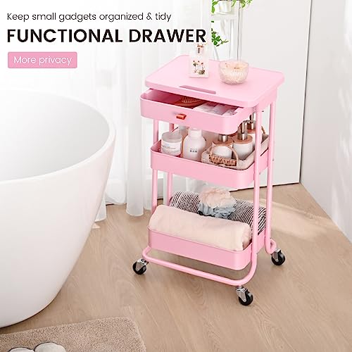TOOLF Rolling Storage Cart with Drawer & Table Top, 3 Tier Metal Rolling Utility Cart, Rolling Cart Organizer for Teacher Craft Baby Nursery, Utility Cart for Kitchen Bathroom Bedside Office(Pink)