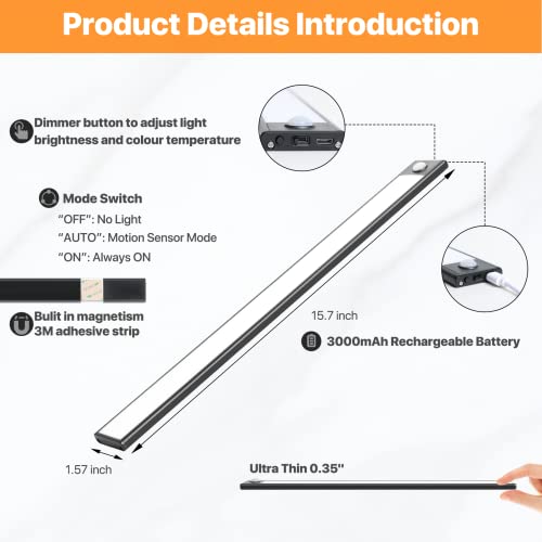 Aipolloo Under Cabinet Lighting Motion Sensor Dimmable Closet Light, 69-LED Under Counter Lights 3000mAh Wireless USB Rechargeable Magnetic Stick-On Night Light for Kitchen, Wardrobe, Cupboard