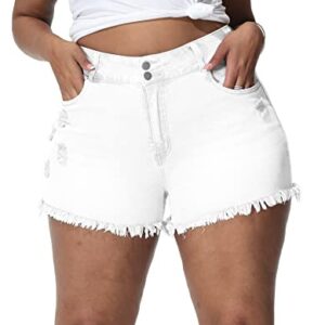 ALLEGRACE Sexy Plus Size Denim Shorts Women Distressed High Waist Shorts with Pockets 759 White 14W