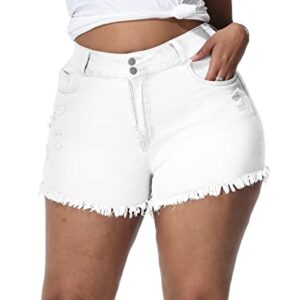 ALLEGRACE Sexy Plus Size Denim Shorts Women Distressed High Waist Shorts with Pockets 759 White 14W