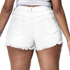 ALLEGRACE Sexy Plus Size Denim Shorts Women Distressed High Waist Shorts with Pockets 759 White 14W