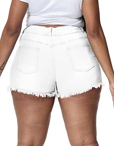 ALLEGRACE Sexy Plus Size Denim Shorts Women Distressed High Waist Shorts with Pockets 759 White 14W