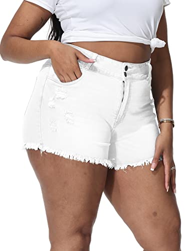 ALLEGRACE Sexy Plus Size Denim Shorts Women Distressed High Waist Shorts with Pockets 759 White 14W