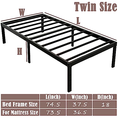 caziwhave Twin Bed Frame 18 Inch High Max 3500 lbs Heavy Duty Metal Mattress Foundation Platform Sturdy Steel Slat Support Twin Size No Box Spring Needed Easy to Assembly Noise Free Non Slip