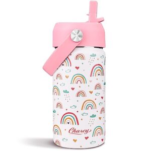 charcy 12 oz insulated water bottle for kids, portable sports water cup flask with handle, travel thermos mug, pink adjustable lid - white rainbow