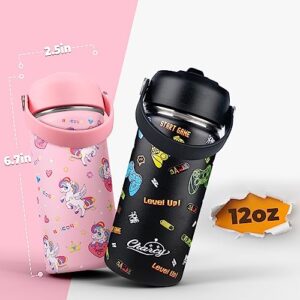 Charcy 12 oz Insulated Water Bottle for Kids, Portable Sports Water Cup Flask with Handle, Travel Thermos Mug, Pink adjustable lid - White Rainbow