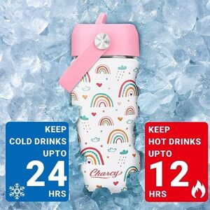 Charcy 12 oz Insulated Water Bottle for Kids, Portable Sports Water Cup Flask with Handle, Travel Thermos Mug, Pink adjustable lid - White Rainbow