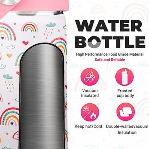 Charcy 12 oz Insulated Water Bottle for Kids, Portable Sports Water Cup Flask with Handle, Travel Thermos Mug, Pink adjustable lid - White Rainbow