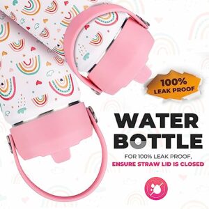 Charcy 12 oz Insulated Water Bottle for Kids, Portable Sports Water Cup Flask with Handle, Travel Thermos Mug, Pink adjustable lid - White Rainbow