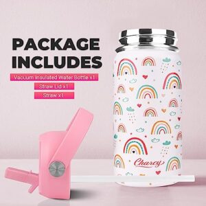 Charcy 12 oz Insulated Water Bottle for Kids, Portable Sports Water Cup Flask with Handle, Travel Thermos Mug, Pink adjustable lid - White Rainbow