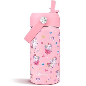 charcy 12 oz insulated water bottle for kids, portable sports water cup flask with handle, travel thermos mug, pink adjustable lid - pink unicorn