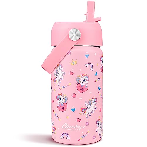 Charcy 12 oz Insulated Water Bottle for Kids, Portable Sports Water Cup Flask with Handle, Travel Thermos Mug, Pink adjustable lid - Pink Unicorn