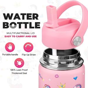 Charcy 12 oz Insulated Water Bottle for Kids, Portable Sports Water Cup Flask with Handle, Travel Thermos Mug, Pink adjustable lid - Pink Unicorn