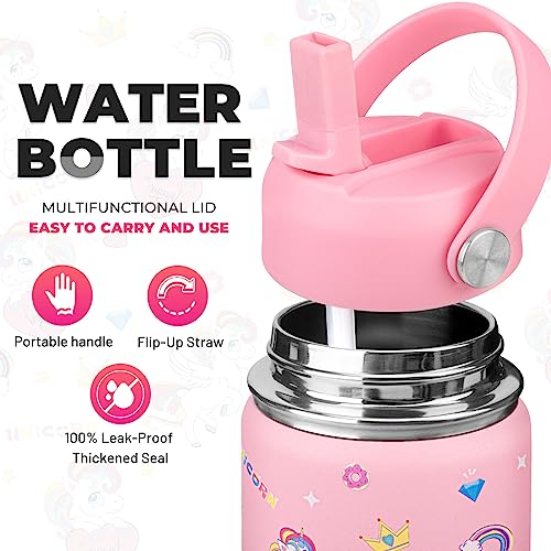 Charcy 12 oz Insulated Water Bottle for Kids, Portable Sports Water Cup Flask with Handle, Travel Thermos Mug, Pink adjustable lid - Pink Unicorn