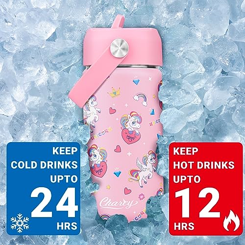 Charcy 12 oz Insulated Water Bottle for Kids, Portable Sports Water Cup Flask with Handle, Travel Thermos Mug, Pink adjustable lid - Pink Unicorn