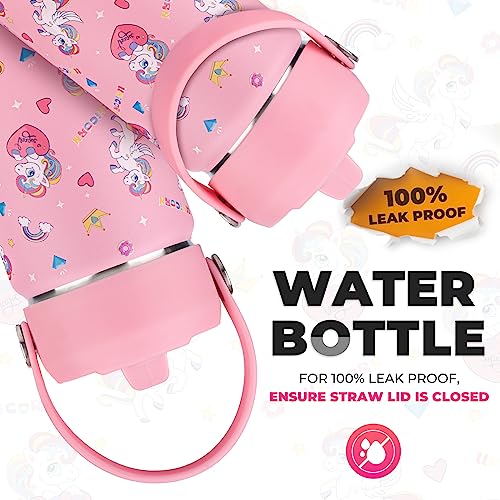 Charcy 12 oz Insulated Water Bottle for Kids, Portable Sports Water Cup Flask with Handle, Travel Thermos Mug, Pink adjustable lid - Pink Unicorn