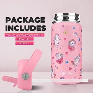 Charcy 12 oz Insulated Water Bottle for Kids, Portable Sports Water Cup Flask with Handle, Travel Thermos Mug, Pink adjustable lid - Pink Unicorn