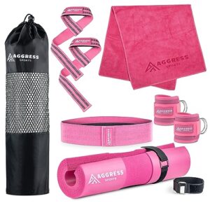 Aggress Sports Barbell Pad Set of 8 – Barbell Squat Pad for Hip Thrust, Lunges with 2 Gym Ankle Straps, Hip Resistance Band – Durable Gym Accessories for Women Includes Carry Bag, Towel, pink