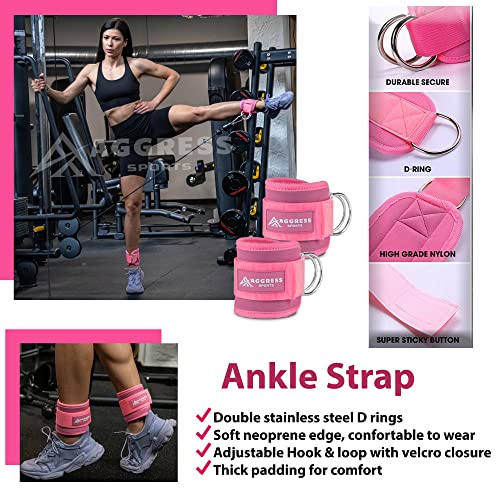Aggress Sports Barbell Pad Set of 8 – Barbell Squat Pad for Hip Thrust, Lunges with 2 Gym Ankle Straps, Hip Resistance Band – Durable Gym Accessories for Women Includes Carry Bag, Towel, pink