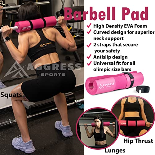 Aggress Sports Barbell Pad Set of 8 – Barbell Squat Pad for Hip Thrust, Lunges with 2 Gym Ankle Straps, Hip Resistance Band – Durable Gym Accessories for Women Includes Carry Bag, Towel, pink