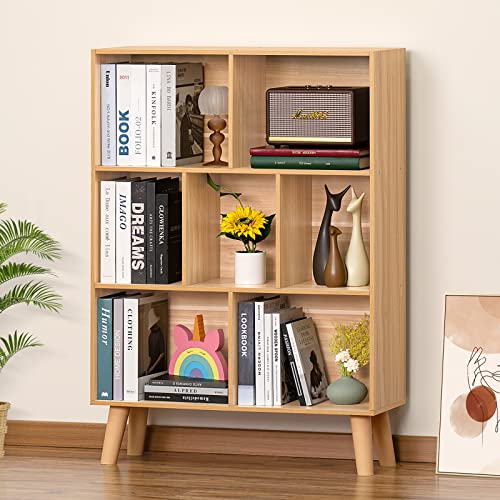 LEYAOYAO Wooden 7 Cube Book Shelf, Natural 3 Tier Bookshelf with Legs, Modern Open Storage Organizer,Boho Bookcase,Display Cabinet Shelf Free Standing Bookshelves for Bedroom,Living Room,Office