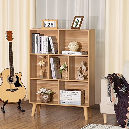 LEYAOYAO Wooden 7 Cube Book Shelf, Natural 3 Tier Bookshelf with Legs, Modern Open Storage Organizer,Boho Bookcase,Display Cabinet Shelf Free Standing Bookshelves for Bedroom,Living Room,Office