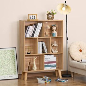 LEYAOYAO Wooden 7 Cube Book Shelf, Natural 3 Tier Bookshelf with Legs, Modern Open Storage Organizer,Boho Bookcase,Display Cabinet Shelf Free Standing Bookshelves for Bedroom,Living Room,Office