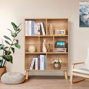 LEYAOYAO Wooden 7 Cube Book Shelf, Natural 3 Tier Bookshelf with Legs, Modern Open Storage Organizer,Boho Bookcase,Display Cabinet Shelf Free Standing Bookshelves for Bedroom,Living Room,Office