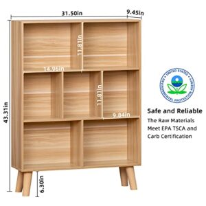 LEYAOYAO Wooden 7 Cube Book Shelf, Natural 3 Tier Bookshelf with Legs, Modern Open Storage Organizer,Boho Bookcase,Display Cabinet Shelf Free Standing Bookshelves for Bedroom,Living Room,Office