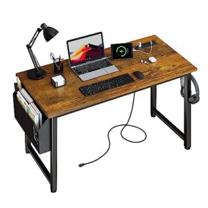 lufeiya 40 inch computer desk with power outlet, 39 inch teen study table home office work writing desk with charging station outlets built in, rustic brown