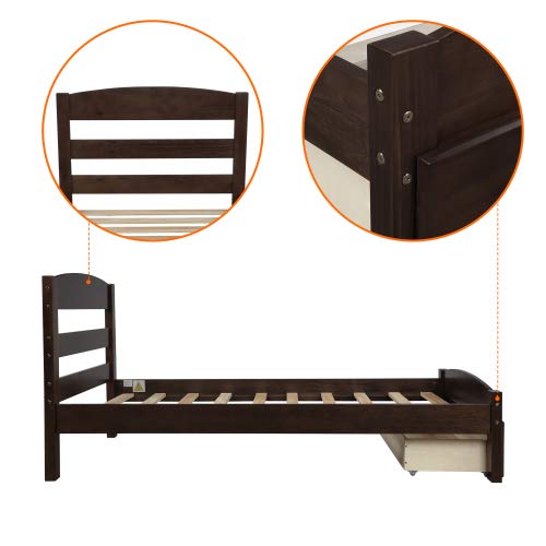 Twin Bed Frames with Storage Drawer for Kids, Modern Wooden Platform Bed Frame Twin Single Bed for Boy Girl Teens, Space Saving, No Box Spring Needed (Espresso)