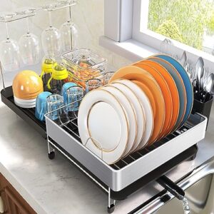 kingrack dish drying rack - extendable dish rack - durable stainless steel dish drainer for kitchen counter with drainboard set, swivel spout,utensil holder