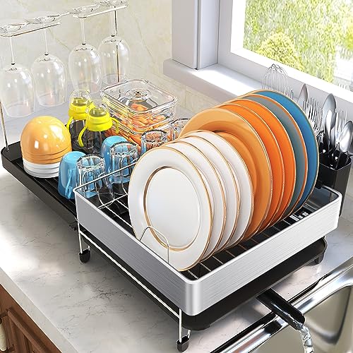 KINGRACK Dish Drying Rack - Extendable Dish Rack - Durable Stainless Steel Dish Drainer for Kitchen Counter with Drainboard Set, Swivel Spout,Utensil Holder