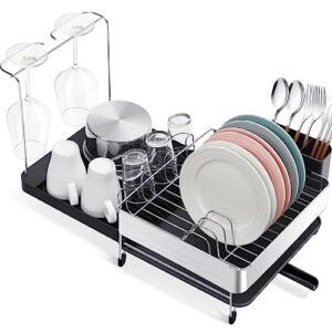 KINGRACK Dish Drying Rack - Extendable Dish Rack - Durable Stainless Steel Dish Drainer for Kitchen Counter with Drainboard Set, Swivel Spout,Utensil Holder