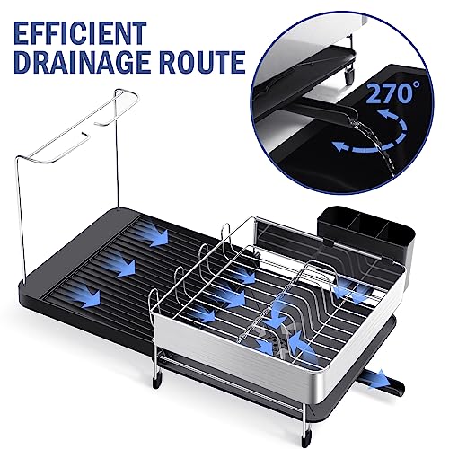 KINGRACK Dish Drying Rack - Extendable Dish Rack - Durable Stainless Steel Dish Drainer for Kitchen Counter with Drainboard Set, Swivel Spout,Utensil Holder