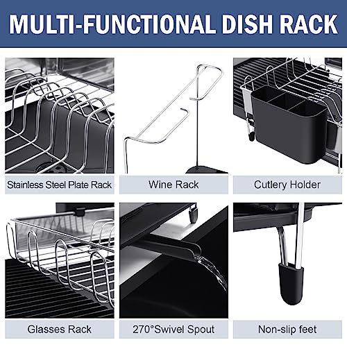 KINGRACK Dish Drying Rack - Extendable Dish Rack - Durable Stainless Steel Dish Drainer for Kitchen Counter with Drainboard Set, Swivel Spout,Utensil Holder