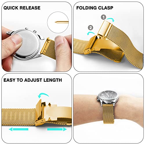 JIEANTE Stainless Steel Mesh Watch Band for Mens Women, Quick Release Mesh Watch Straps 18mm 20mm 22mm 24mm （20mm Gold）