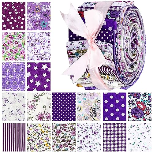 40 Pcs Floral Cotton Fabric Patchwork Roll Cotton Quilting Fabric Roll up Cotton Fabric Quilting Strips 2.55 Inch Precut Patchwork Roll for Craft Sewing DIY Crafts (Purple Flower)