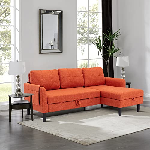 Hdxdkog L-Shaped Sectional Sofa with Pull-Out Bed 72" Sectional Sleeper Sofa Bed with Storage Chaise Lounge and Pocket, Upholstered Corner Couch for Living Room Home Office (Orange)