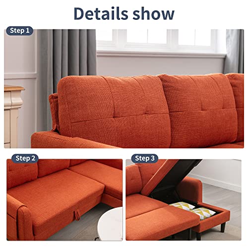 Hdxdkog L-Shaped Sectional Sofa with Pull-Out Bed 72" Sectional Sleeper Sofa Bed with Storage Chaise Lounge and Pocket, Upholstered Corner Couch for Living Room Home Office (Orange)