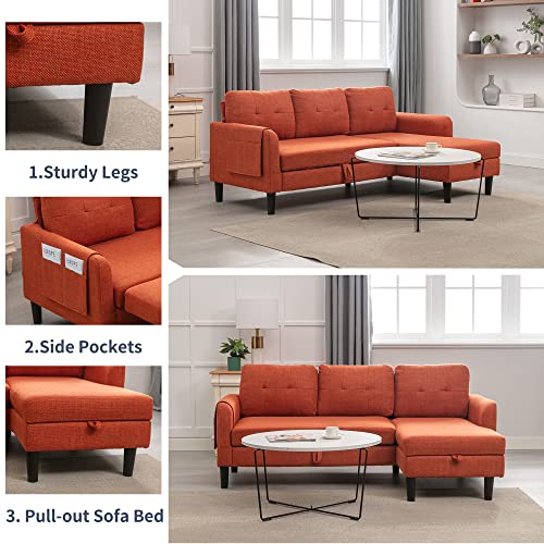 Hdxdkog L-Shaped Sectional Sofa with Pull-Out Bed 72" Sectional Sleeper Sofa Bed with Storage Chaise Lounge and Pocket, Upholstered Corner Couch for Living Room Home Office (Orange)