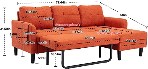 Hdxdkog L-Shaped Sectional Sofa with Pull-Out Bed 72" Sectional Sleeper Sofa Bed with Storage Chaise Lounge and Pocket, Upholstered Corner Couch for Living Room Home Office (Orange)