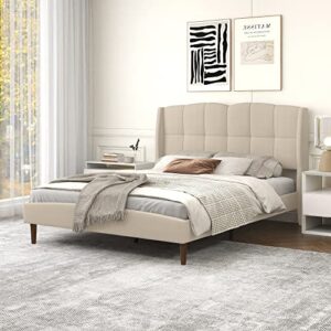 ryr upholstered platform queen size bed frame with geometric headboard,wooden slat support non-slip easy assembly no box spring required beige linen