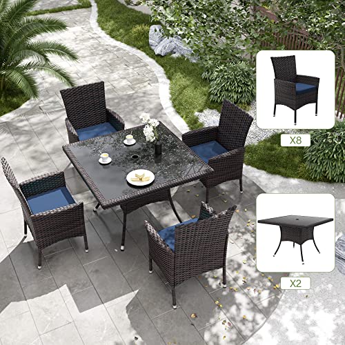 Delnavik 10-Piece Patio Outdoor Dining Set, Wicker Patio Furniture Set of 8 Rattan Chairs with Soft Cushions and Two Square Table with Umbrella Cutout, Navy Blue