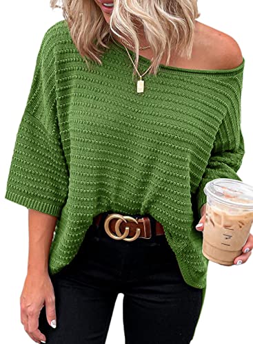 Dokotoo Womens Fashion Ladies Plus Size Summer 3/4 Short Sleeve Tunic Tops Blouses Solid Color Pullover Sweaters for Women Casual T-Shirts Work Business Loose Tee Shirts Light Green XX-Large