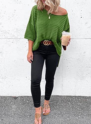 Dokotoo Womens Fashion Ladies Plus Size Summer 3/4 Short Sleeve Tunic Tops Blouses Solid Color Pullover Sweaters for Women Casual T-Shirts Work Business Loose Tee Shirts Light Green XX-Large