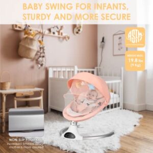 Baby Swing for Infants, Baby Rocker with 5 Point Harness, Bluetooth Support Baby Swing, 10 Preset Lullabies. 3 Speed Natural Baby Swing, Infant Swing with Remote Control and 3 Hanging Toys, Pink