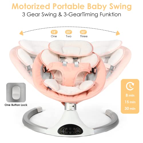 Baby Swing for Infants, Baby Rocker with 5 Point Harness, Bluetooth Support Baby Swing, 10 Preset Lullabies. 3 Speed Natural Baby Swing, Infant Swing with Remote Control and 3 Hanging Toys, Pink