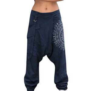Martmory Men's Baggy Cotton Linen Harem Pants Hippie Casual Boho Aladdin Genie Pants Summer Beach Yoga Drop Crotch Trousers Dark Blue